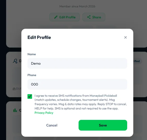SMS opt-in checkbox in the Edit Profile screen showing the consent disclosure
